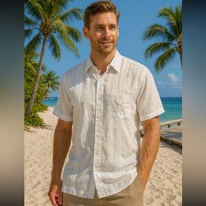 Bohio Breeze Men’s L White 100% Linen Short Sleeve Button Shirt Beach Resort